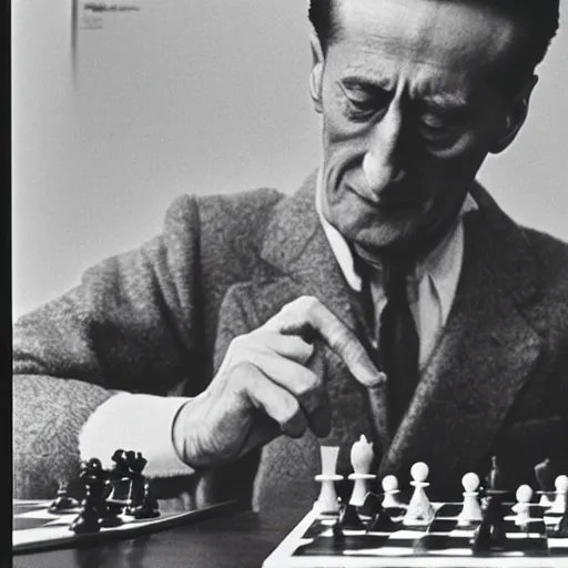 Prompt: a filmstill of Marcel Duchamp playing chess, reuters by Irving Penn