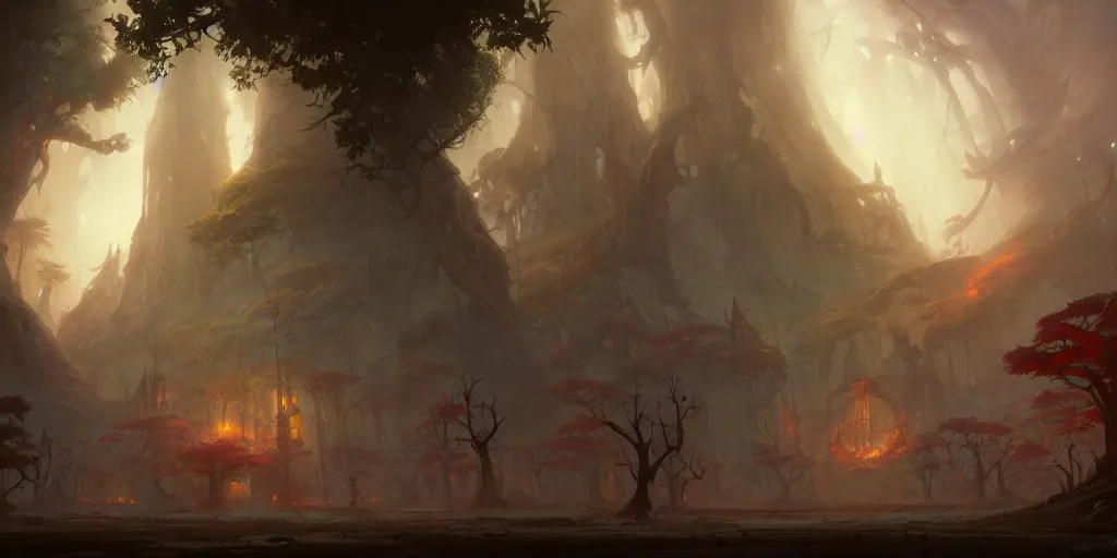 Prompt: The City of the Redwood Shaman, by Peter Mohrbacher and Andreas Rocha and Craig Mullins
