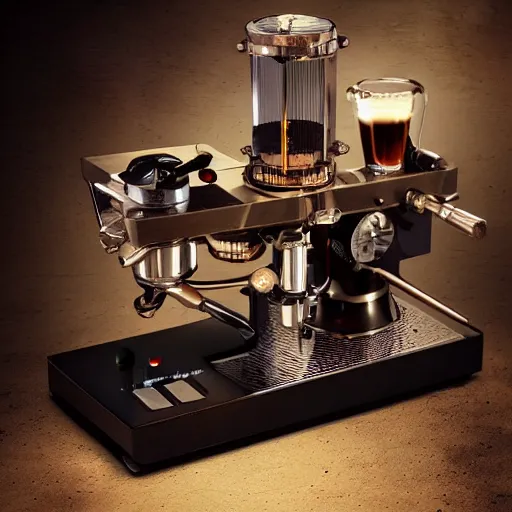 Prompt: dslr photo of a steampunk robotic espresso machine with small scientific gears, android coffee shop, 4 k, photorealistic, octane render, unreal engine, cafe lighting, cinematic, by peter majkut,