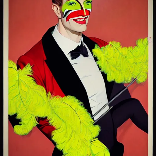 Image similar to art by joshua middleton, the yellow creeper, a tall manically smiling yellow - skinned man with green and black striped cycling shorts and wearing a long red and black striped ostrich feather boa, yellow makeup, mucha, kandinsky, poster, art deco motifs, comic art, stylised modern design, scarlet feather boa