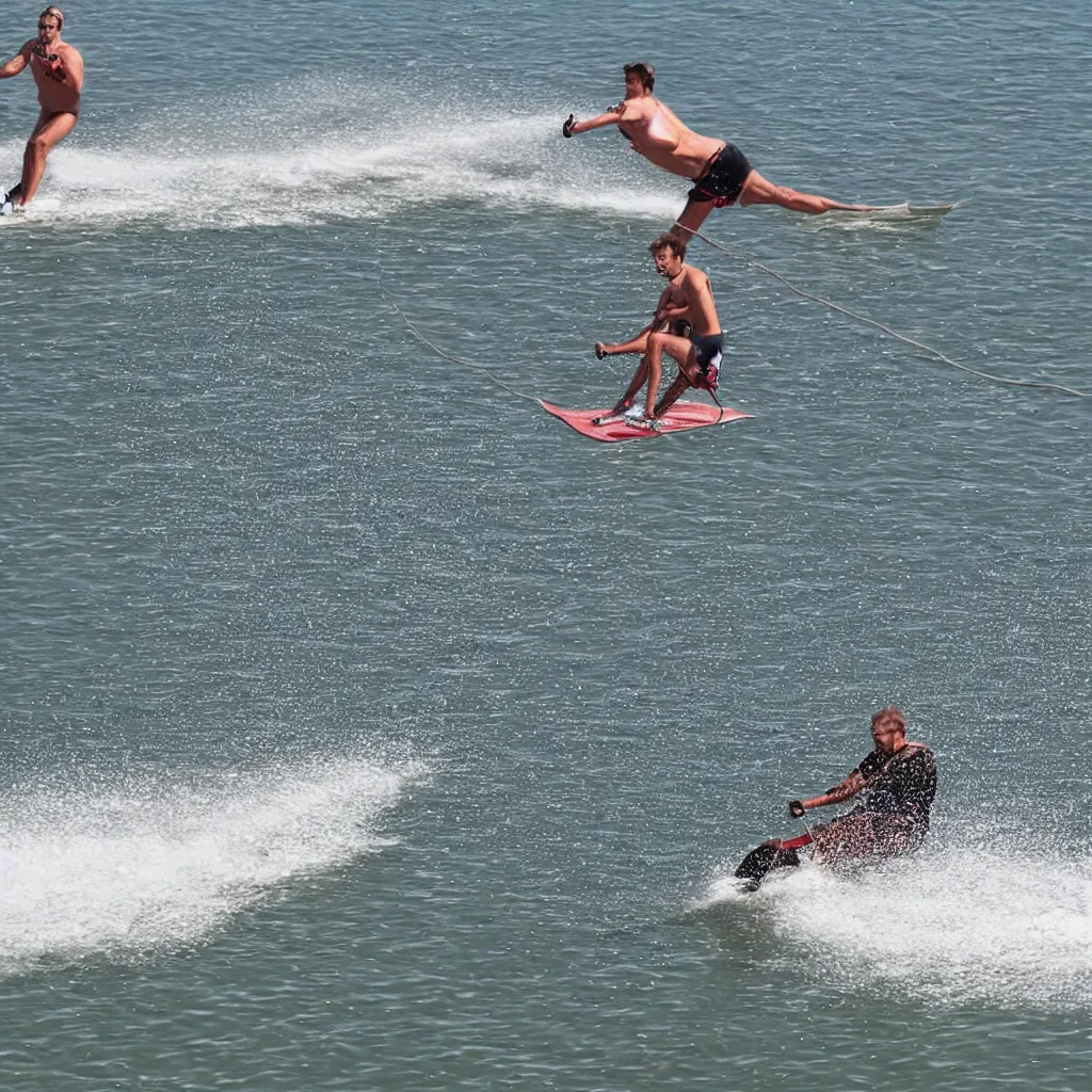 Image similar to a man barefoot water skiing behind a boat