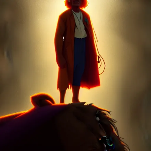 Prompt: portrait of doc brown as ( ( ( lion king ) ) ), disney animation, sharp, illustration, sharp, fanart, anime key art by greg rutkowski, bloom, dramatic lighting sharp focus, cinematic, artbook, smooth, centered