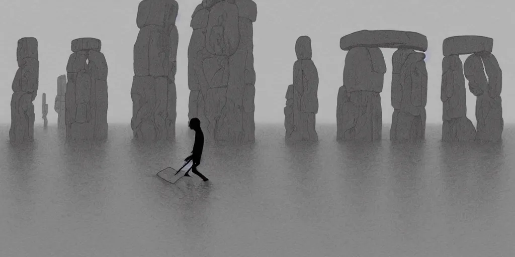 Image similar to a realistic cell - shaded studio ghibli concept art from paprika ( 2 0 0 6 ) of a hairless ape from close encounters of the third kind ( 1 9 7 7 ) in a flooded monument valley stonehenge. very dull colors, wide shot, hd, 4 k, hq