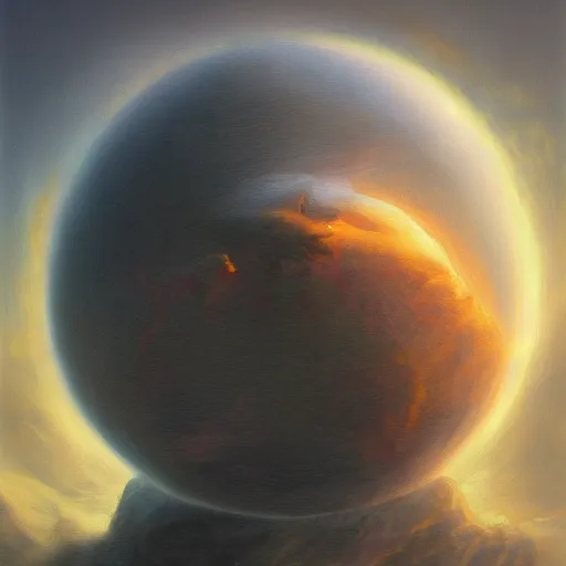 Image similar to beautiful realistic fantasy painting of an orb with a face , by pascal blanche and Frazetta and Beksinski, volumetric lighting, trending on art station, polarizer filter