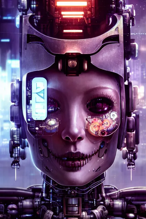 Image similar to beautiful crying! female mechanical android!, half portrait, intricate detailed environment, photorealistic!, octane render, concept art, cinematic, interstellar, ultra detailed, sharp, el dia los muertos!, cyberpunk, bladerunner, 8 k, by angus mckie, moebius, maciej kuciara, stanley lau, artgerm, greg rutkowski