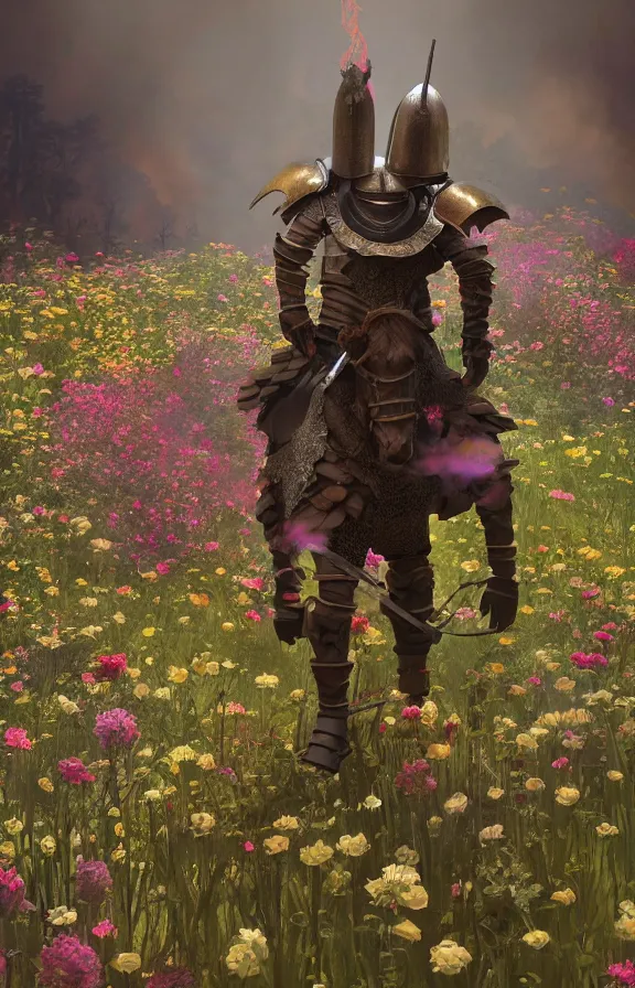 Prompt: full body image of a knight in bed of flowers in dark forest, surrounded by fire and smoke, moody, rim light, dynamic lighting, cinematic shot, gritty, ultra - detail, renderman, physically based render