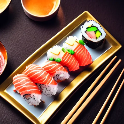 Prompt: a plate of sushi with a human face, on a reflective gold plate, mortified at its existence, screaming, caricature, California roll, photorealistic cartoon, 4k, cinematic lighting, smooth, funny