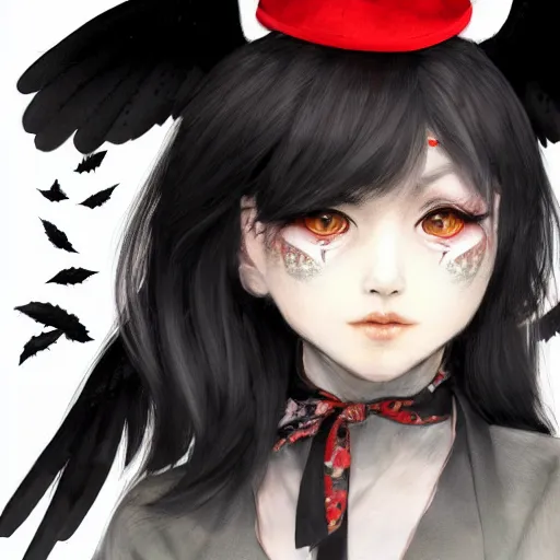 Prompt: portrait of female crow tengu journalist aya shameimaru with short black hair topped with tiny red tokin hat, has black wings, wearing a white shirt and a black and autumn leaf patterned skirt, 4 k digital illustration by artgerm, wlop, ross tran, riabovitchev, simonetti, yoshitaka amano, artstation