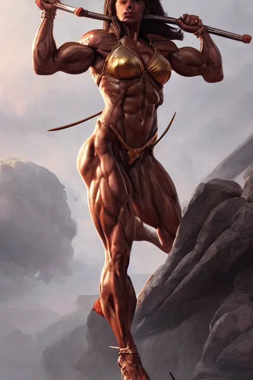 Image similar to goddess of war, accurate anatomy, IFBB fitness body, only two hands, highly detailed, digital painting, artstation, concept art, smooth, sharp focus, illustration, Unreal Engine 5, 8K, art by art by artgerm and greg rutkowski and edgar maxence