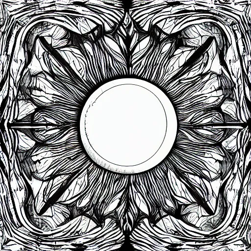 Image similar to upside down sun with trees coming out of it and enveloping it entirely, digital drawing