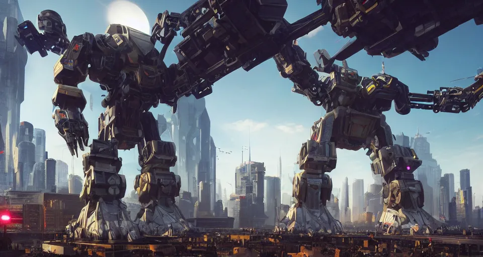 Image similar to a photo of an enormous mech towering over a crowd of astronauts in a futuristic city in the background, ultra realistic, hyper - detailed, unreal engine, raytraced lighting, colorful accents