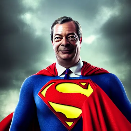 Image similar to Portrait of Nigel Farage as superman, heroic, amazing splashscreen artwork, splash art, head slightly tilted, natural light, elegant, intricate, fantasy, atmospheric lighting, cinematic, matte painting, detailed face, by Greg rutkowski