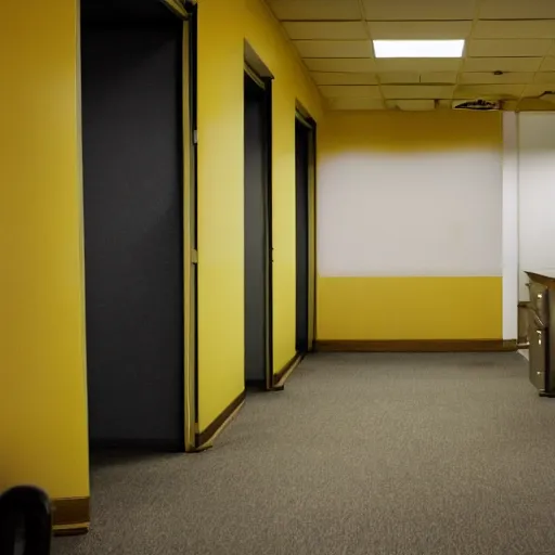 Image similar to low quality photo of the backrooms, mono - yellow old moist carpet randomly connected infinite empty office space yellow colors warm light ominous yellow wallpaper 9 0 s