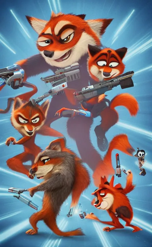 Image similar to “red racoons facing off with blue racoons in the style of zootopia, they’re all holding a laser gun”