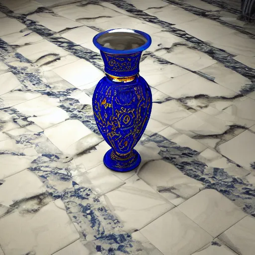 Image similar to An ornate baroque vase breaking on the marble tile floor, exploding into dust, dark-blue light-blue gold silver white black beige, volumetric dust rays, intricate detail, ultra realistic, cinematic lighting, moody, wet, shiny