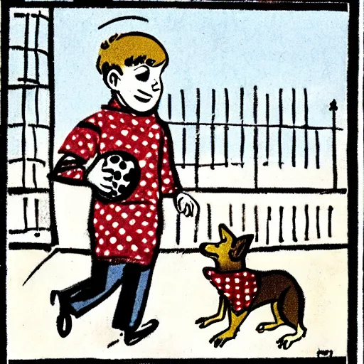 Prompt: illustration of french boy on the streets of paris playing football against a corgi, the dog is wearing a polka dot scarf, comic, 1 9 6 2