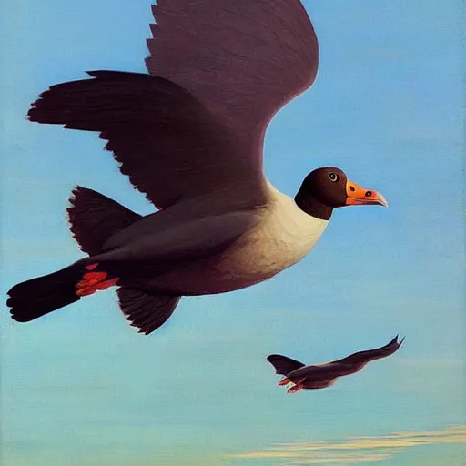 Prompt: Giant coots fly through the air, as a tornado approaches, by Takashi Murakami, Edward Hopper, Bo Bartlett, and Cynthia Sheppard, Artstation