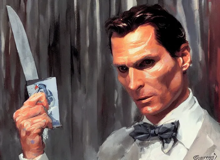 Image similar to a highly detailed unsettling portrait of american psycho patrick bateman, by gregory manchess, james gurney, james jean