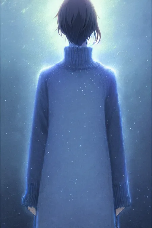 Image similar to a portrait of the sapphire herald in an elegant winter sweater, by makoto shinkai, by akihiko yoshida, by zdzislaw beksinski, by dariusz zawadzki, artbook, tone mapped, deep blues, shiny, soft lighting