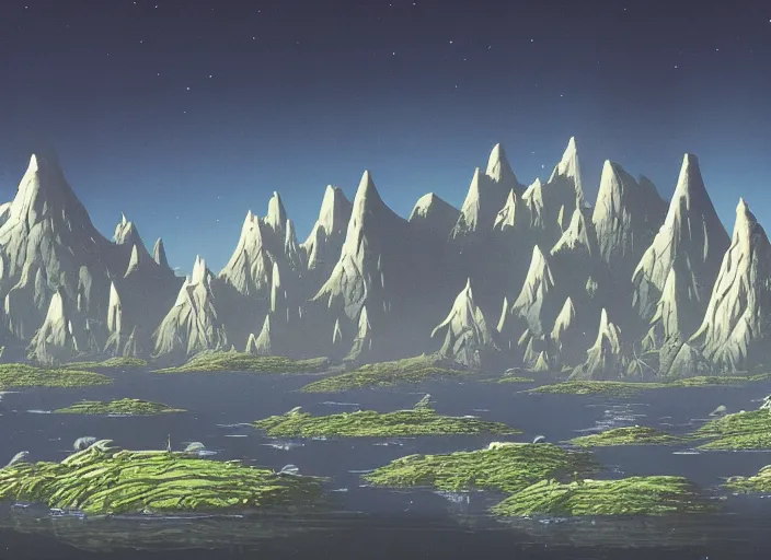 Image similar to ground view of a future city surrounded by mountains. style by peter elson and eyvind earle.