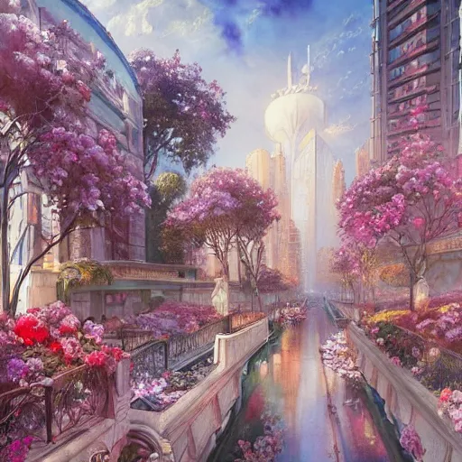 Image similar to a painting of an art - deco cityscape surrounded by flowers, a watercolor and matte painting by donato giancola and mandy jurgens and charlie bowater, cgsociety, artdeco, utopia art, sci - fi, artstation hq