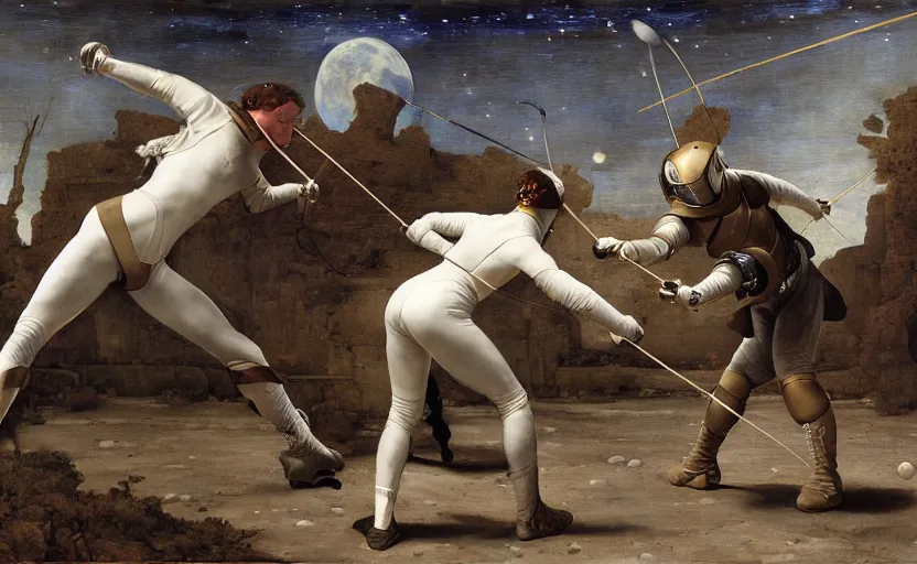 Image similar to a fencing match on the moon by edgar maxence and caravaggio and michael whelan and delacroix style, artistic, intricate painting, cinematic lighting, hyper realistic, extremely detailed, establishing shot, 8 k resolution, dramatic lighting