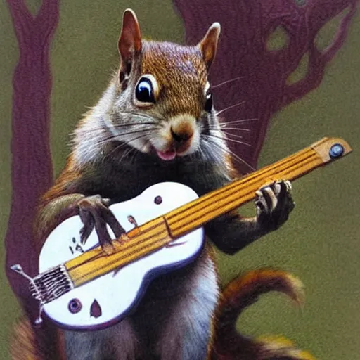 Prompt: a dnd character, a squirrel playing electric guitar, by Alex horley