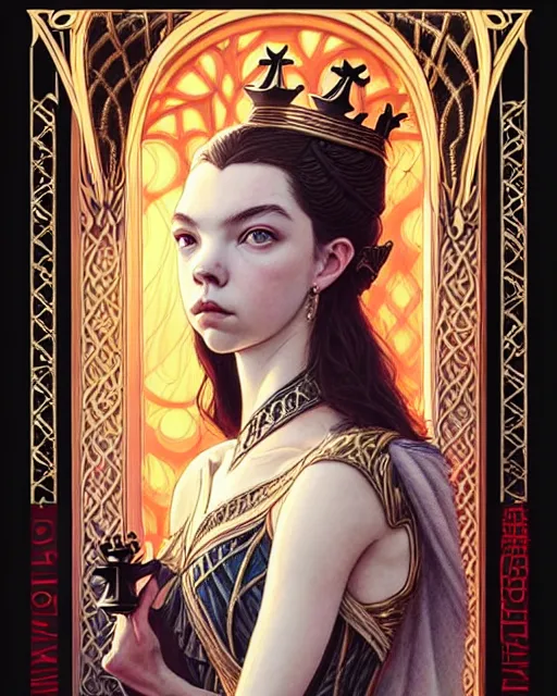 Image similar to anya taylor - joy ( queen's gambit ), art nouveau, fantasy, intricate chess designs, elegant, highly detailed, sharp focus, art by artgerm and greg rutkowski and wlop