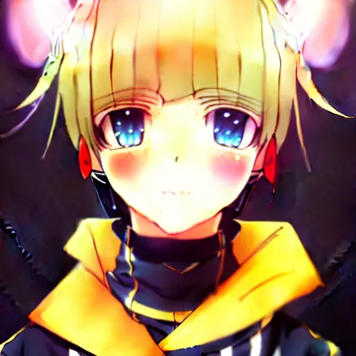 Image similar to the portrait of a kagamine rin, she smiles sweetly, her hair and eyes shines from the spotlights, digital art, anime, trending on pixiv