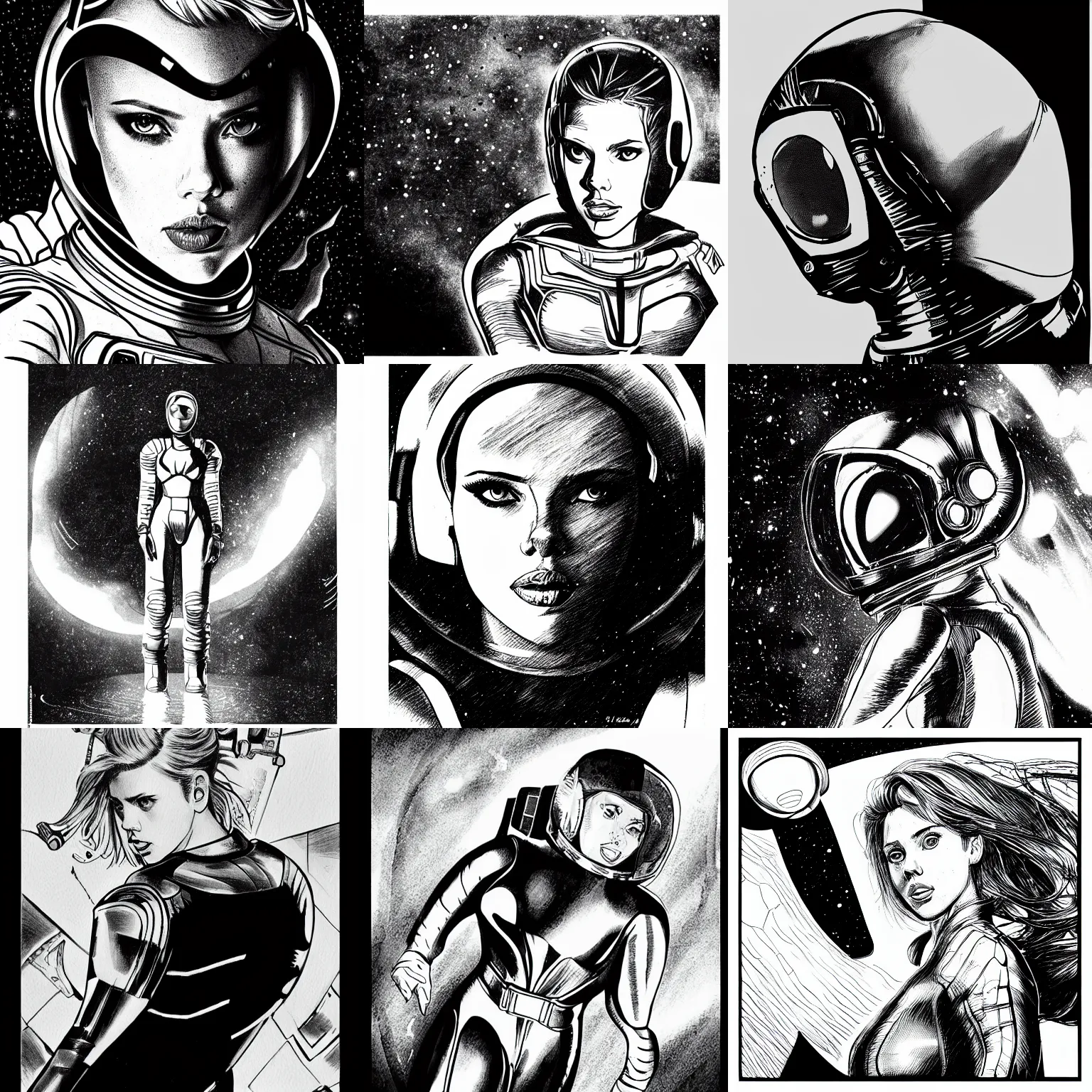 Prompt: scarlett johansson in spacesuit, dark alien spaceship background, black and white, pencil and ink manga, ridley scott, dramatic lighting