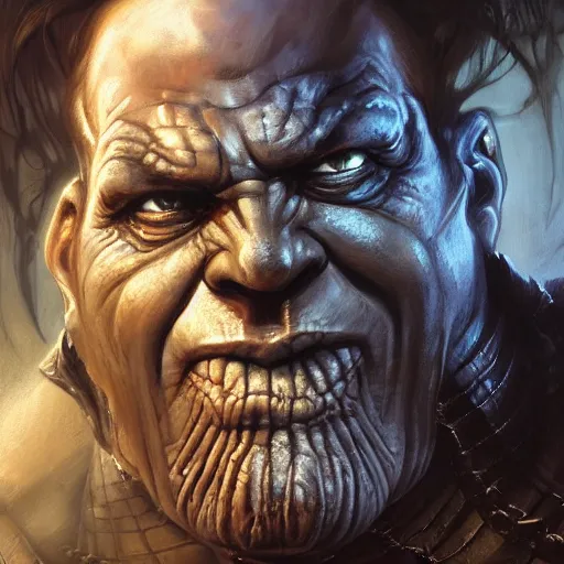 Image similar to closeup portrait shot of olivier richters as destruction of the endless, the sandman, herculean thanos, conan the barbarian, highly detailed, digital painting, artstation, concept art, soft focus, depth of field, artgerm, tomasz alen kopera, peter mohrbacher, donato giancola, wlop, boris vallejo