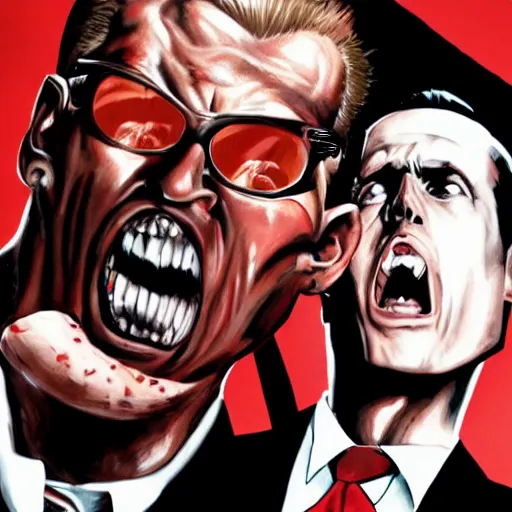 Image similar to Duke Nukem as The American Psycho, staring intensely, Duke Nukem art style, cinematic still