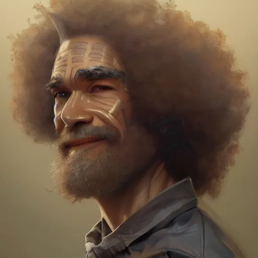 Image similar to concept portrait of cyborg bob ross intricate, elegant, highly detailed, my rendition, digital painting, artstation, concept art, smooth, sharp focus, illustration, art by greg rutkowski and alphonse mucha and uang guangjian and gil elvgren and sachin teng, symmetry!!