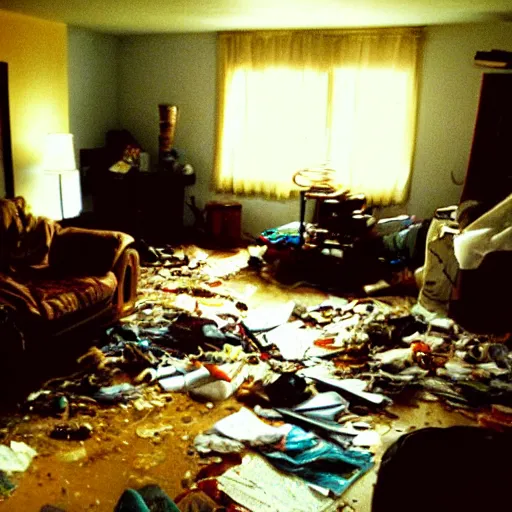 Image similar to a high flash photo of a messy living room, 2 0 0 6, taken with a disposable camera