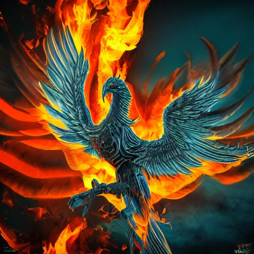 Image similar to photo of a phoenix with spreaded wings, ultra realistic details, fire and flames, 8k