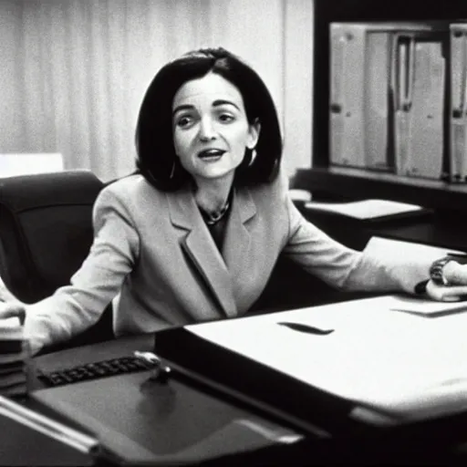 Prompt: Movie still of Sheryl Sandberg in her office in The Doomsday Machine, directed by Steven Spielberg, establishing action shot