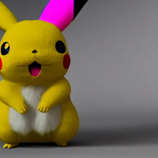 Image similar to extremly detailed pikachu with pink fluffy fur, photorealistic, high details, 8 k, sharp focus, octane render, volumetric light