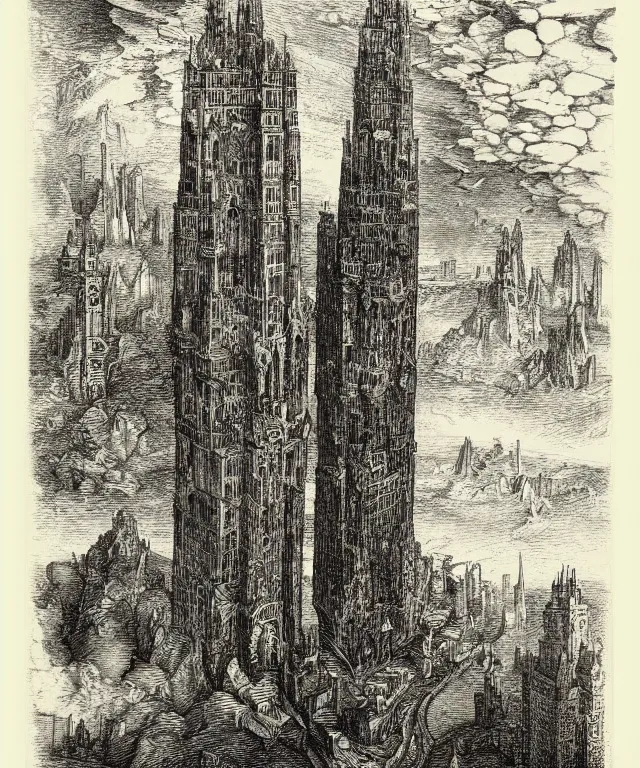 Prompt: an engraving of a super tall skyscraper from the year 1 6 0 0 by albrecht durer, gustave dore, ian miller, highly detailed, storybook illustration, lithograph engraving