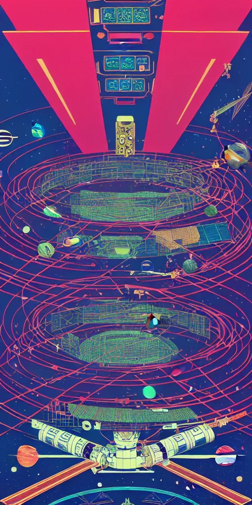 Image similar to the interior of an international space station filled with electronic equipment, ancient futuristic japanese temple, poster art by victo ngai, ori toor, kilian eng behance contest winner, crystal cubism, poster art, cubism, tarot card, psychedelic art, concert poster, poster art, maximalist