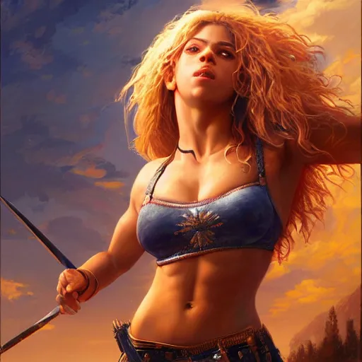 Image similar to A ultradetailed beautiful panting of Shakira with muscular body in armor, fantasy, Oil painting, by Ilya Kuvshinov, Gregg Rutkowski and Makoto Shinkai