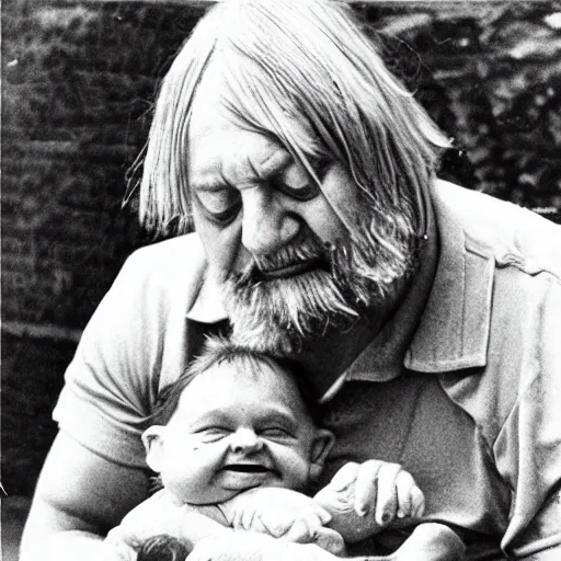 Image similar to robert wyatt cradling an angry gremlin like a baby, photograph