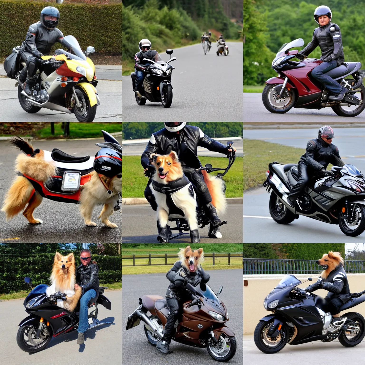 Prompt: a sheltie with a leather jacket and a helmet riding a suzuki hayabusa