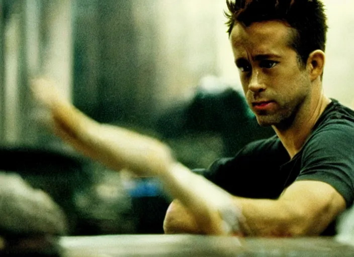 Prompt: film still of Ryan Reynolds as Tyler Durden in Fight Club 1999