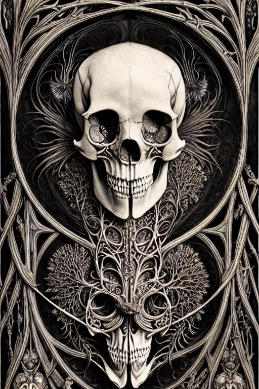 Image similar to art forms of nature by ernst haeckel, memento mori by arthur rackham, ornate antique porcelain beautiful skull mask, ultrasharp, photorealistic, hyperdetailed, octane render, polished, art nouveau, neo - gothic, gothic, intricate ornamental organic filigree, art nouveau botanicals, art forms of nature by ernst haeckel, horizontal symmetry, symbolist, visionary