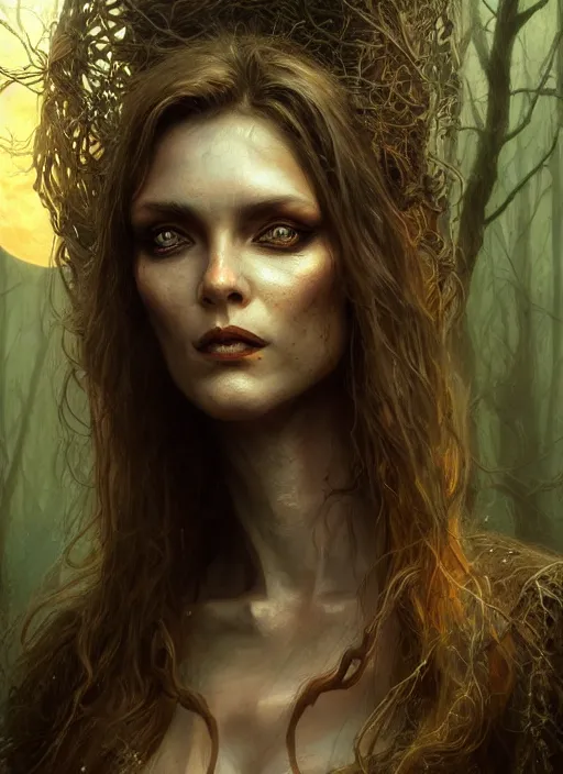 Image similar to close - up face portrait of a beautiful skinny woman as witch in front of the full big moon in a fantasy forest, by james gurney, greg rutkowski, highly detailed digital art, artstation