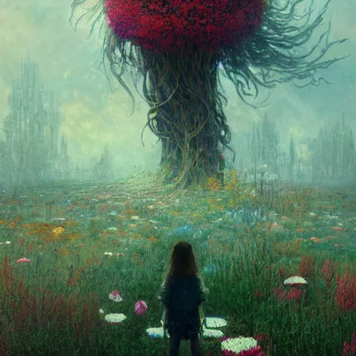 Image similar to a gigantic beautiful terrifying monster made of flowers looms over a tiny human. ethereal horror fantasy art by greg rutkowski and raymond swanland and monet