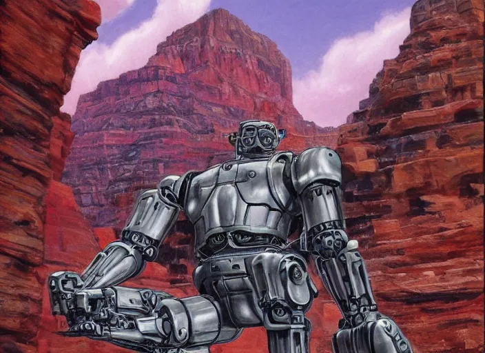 Prompt: realistic physically based rendering of a giant mechanical robot steve buscemi at the grand canyon by jack kirby!!! and simon bisley, epic, awesome trendy color palette, cinematic, claymation, by wes anderson and joop geesink, diorama