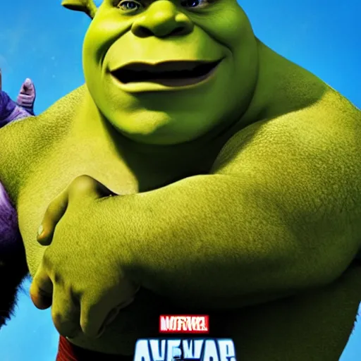 Image similar to shrek in avengers infinity war poster