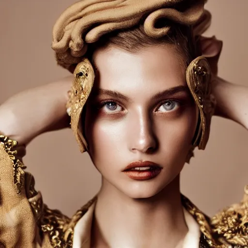 Image similar to close up of face of female fashion model, baroque style, beige colors, official vogue editorial, highly detailed