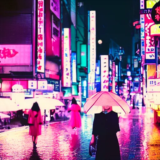 Prompt: analog photo portrait of Japanese women in tokyo, at night, rain, pink yellow and blue neon signs